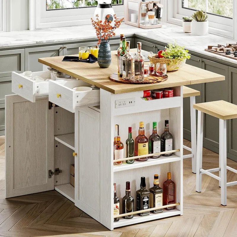 

Kitchen Island with Storage, with 2 Stools, Ample Storage Space with Power Strip, Large Countertop with Drop-Leaf Design