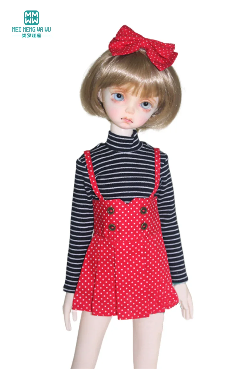 BJD accessories for 43cm 1/4 BJD doll clothes fashion striped T-shirt, polka dot strap dress