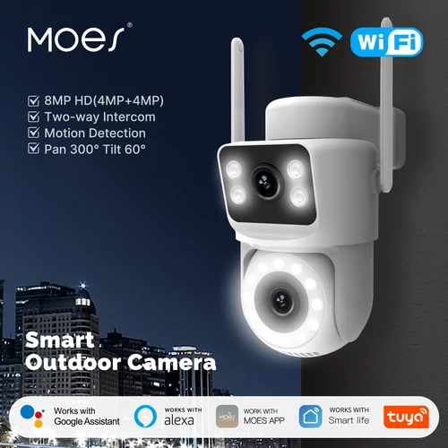 Moes Tuya WiFi inteligente cámara de seguridad exterior 4MP pantalla Dual 2,4G/5G IP65 impermeable detección de movimiento seguimiento automático Audio bidireccional