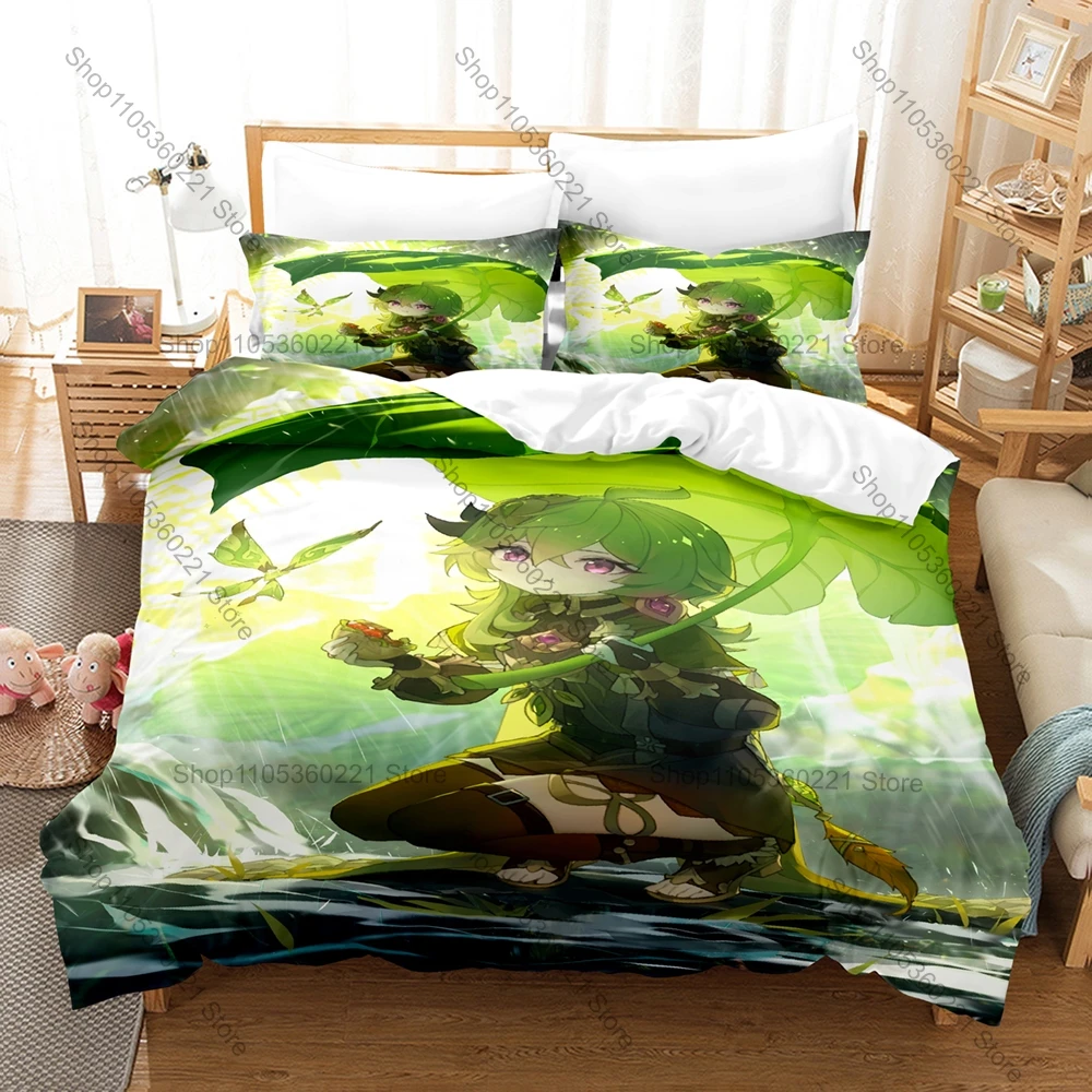 Collei Genshin Impact Bedding Set Duvet Cover + 2 Pillowcases Sumeru Forest Ranger Anime Bedroom Decor