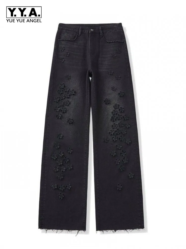 Ladies Button High Waist Wide Leg Denim Pants Female Pockets Top Quality Trousers Spring Women Embroidery Solid Color Jeans