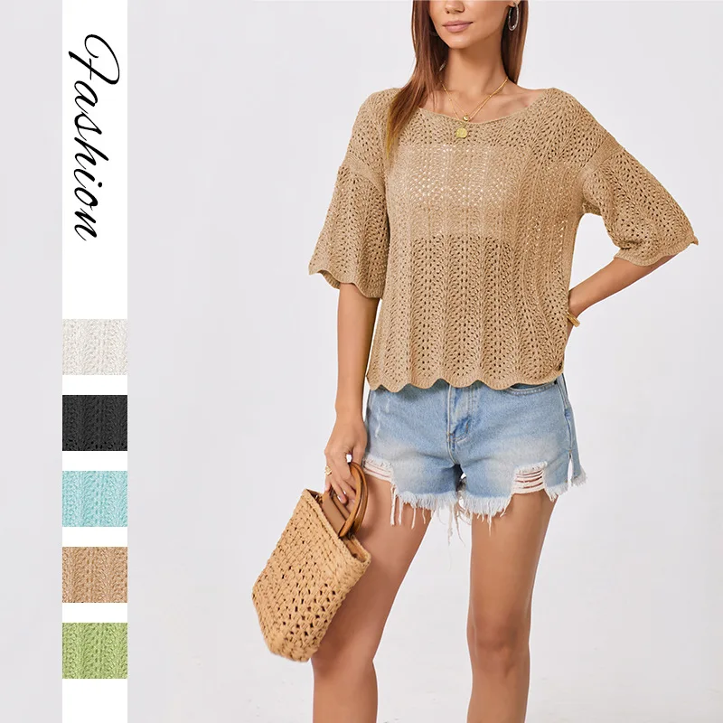 

Летний новый женский свитер больших размеров, свободный, вязаный, ажурный, с круглым вырезом, тонкой вязки, модный, для трансграничной торговли