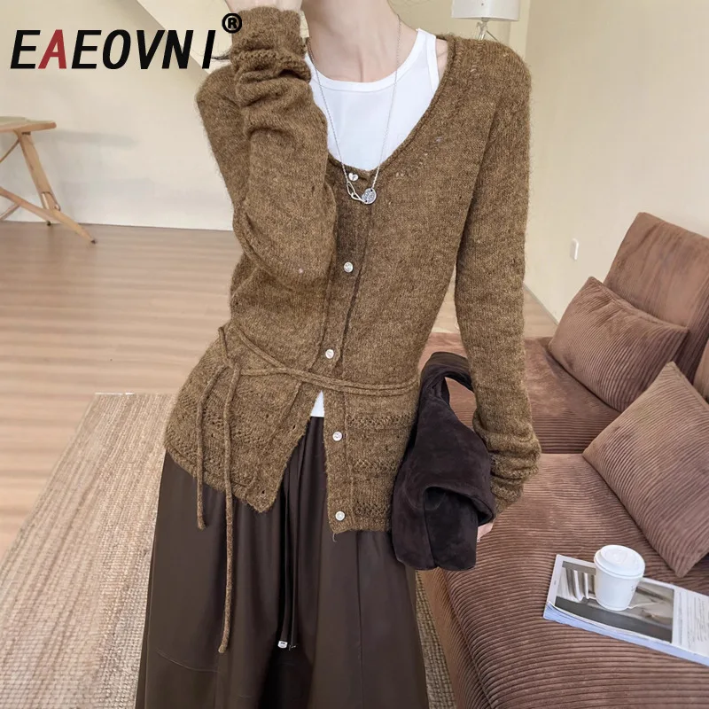 

EAEOVNI Elegant Knitted Button Cardigan Women Solid Color Long Sleeve Lace-up Slim Versatile Sweater Tops 2026 New Clothing