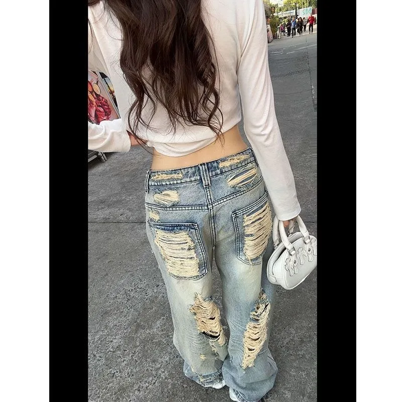سراويل جينز ممزقة عصرية من Street Hottie Beggar للسيدات من High Street Retro فضفاضة ورقيقة واسعة الساق