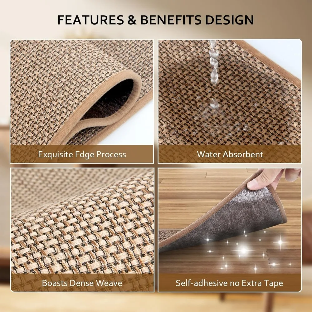 Anti Slip Stair Treads, Wooden Step Carpets, Indoor Stair Treads, Thickened Linen Surface, Self-adhesive Washable Backing