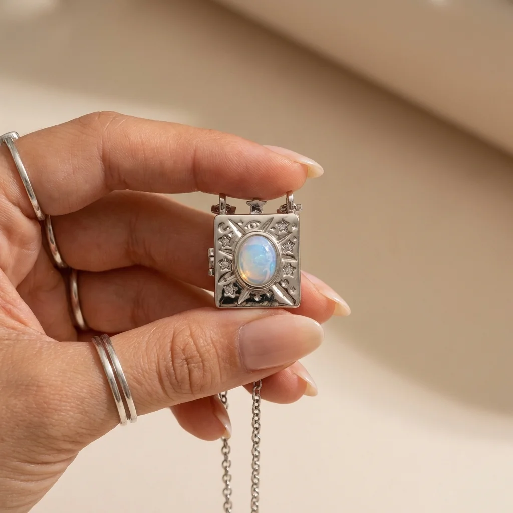 Opening and closing phase box inlaid with zircon stars, moon pendant necklace, gold plated for women