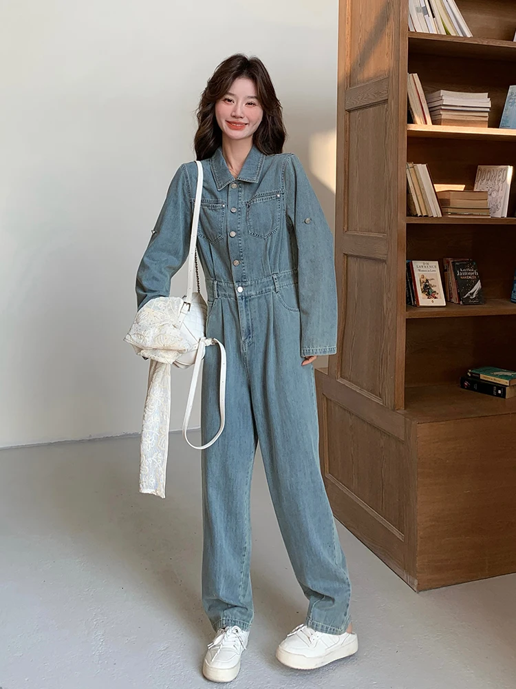 Niebieskie, codzienne spodnie dżinsowe z koronką na ramieniu, jednoczęściowe, damskie, wiosenno-jesienne, nowe, luźne, z szerokimi nogawkami, z wysokim stanem, długie.