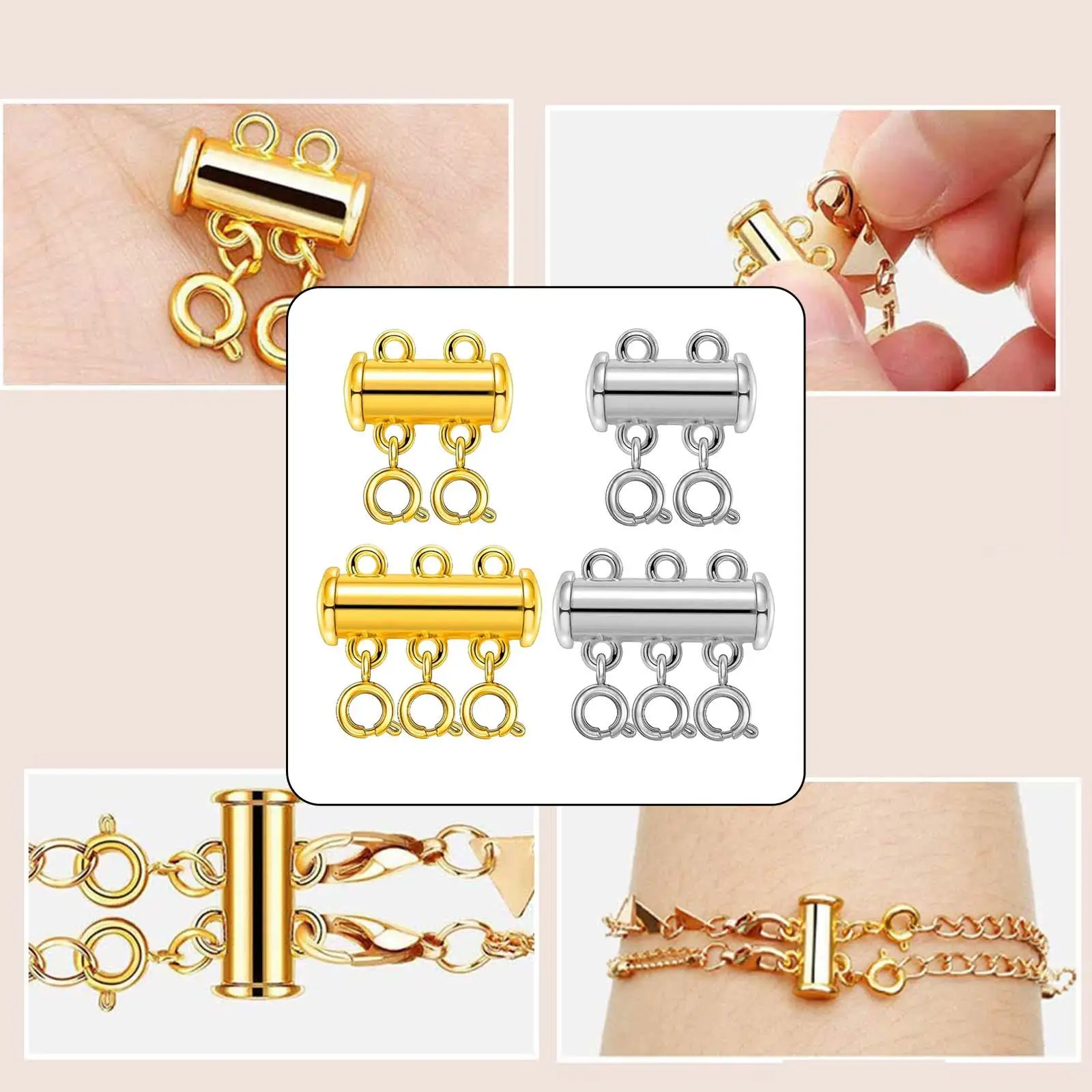 

4 Pieces Layered Necklace Clasps Gold and Silver Plated Tube 2 Sizes Extender Necklace Connector for Bracelet Necklace Jewelry