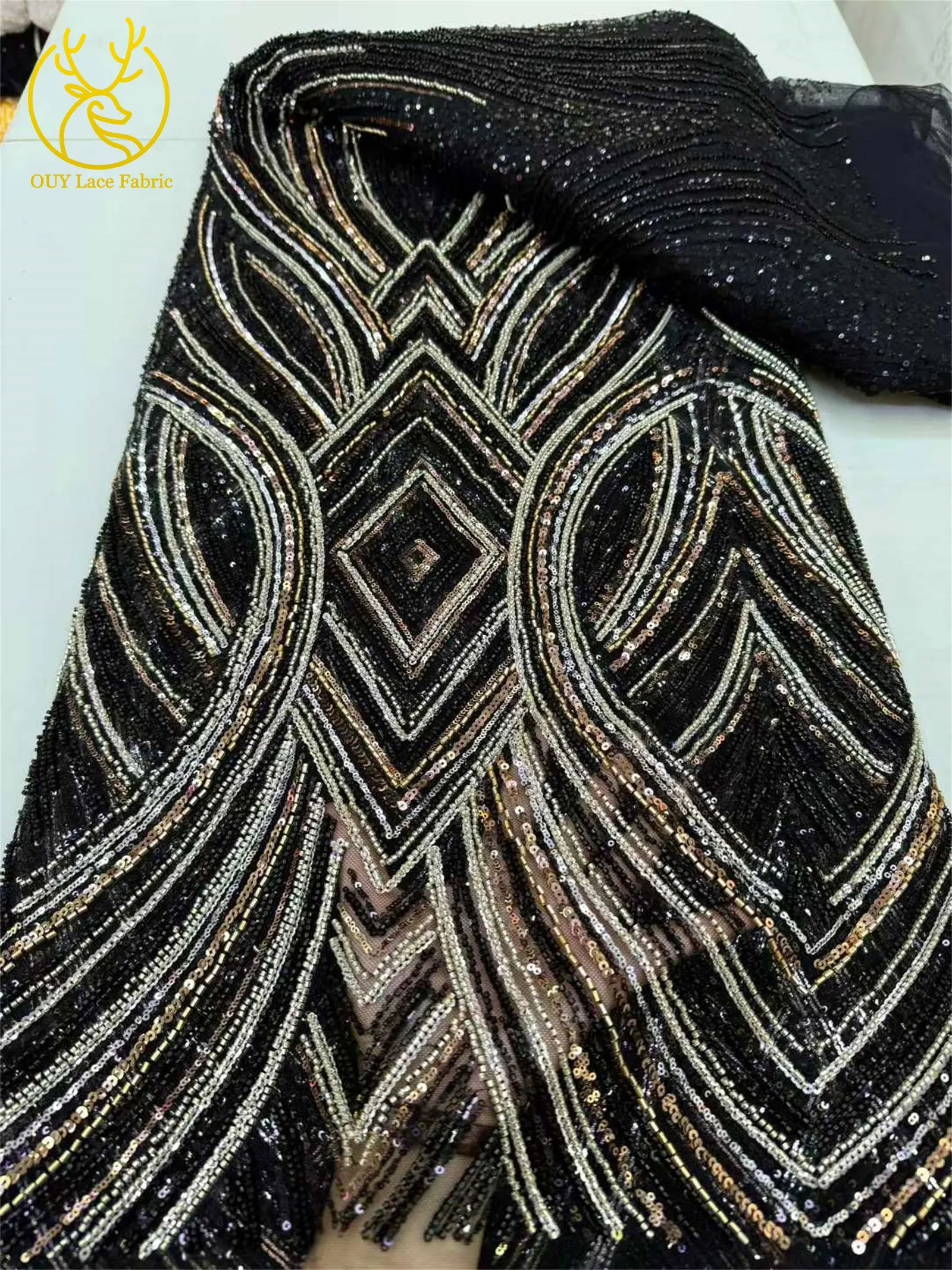 2025 Brand New Nigeria Groom Beaded Lace Fabric 5 Yards High Quality African Sequin Lace Fabric Bridal Wedding Dress Material