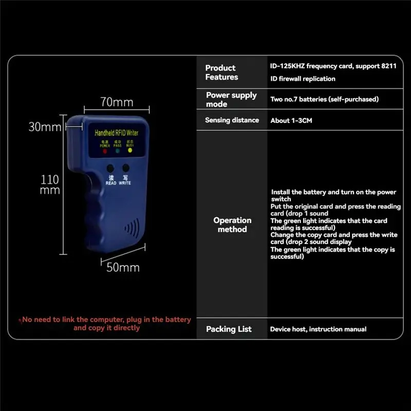 125Khz RFID Card Reader +1 Keyfobs Kit Copier Writer Duplicator Programmer ID Card Copy EM4305 T5577 Each Writable Tags-A79U