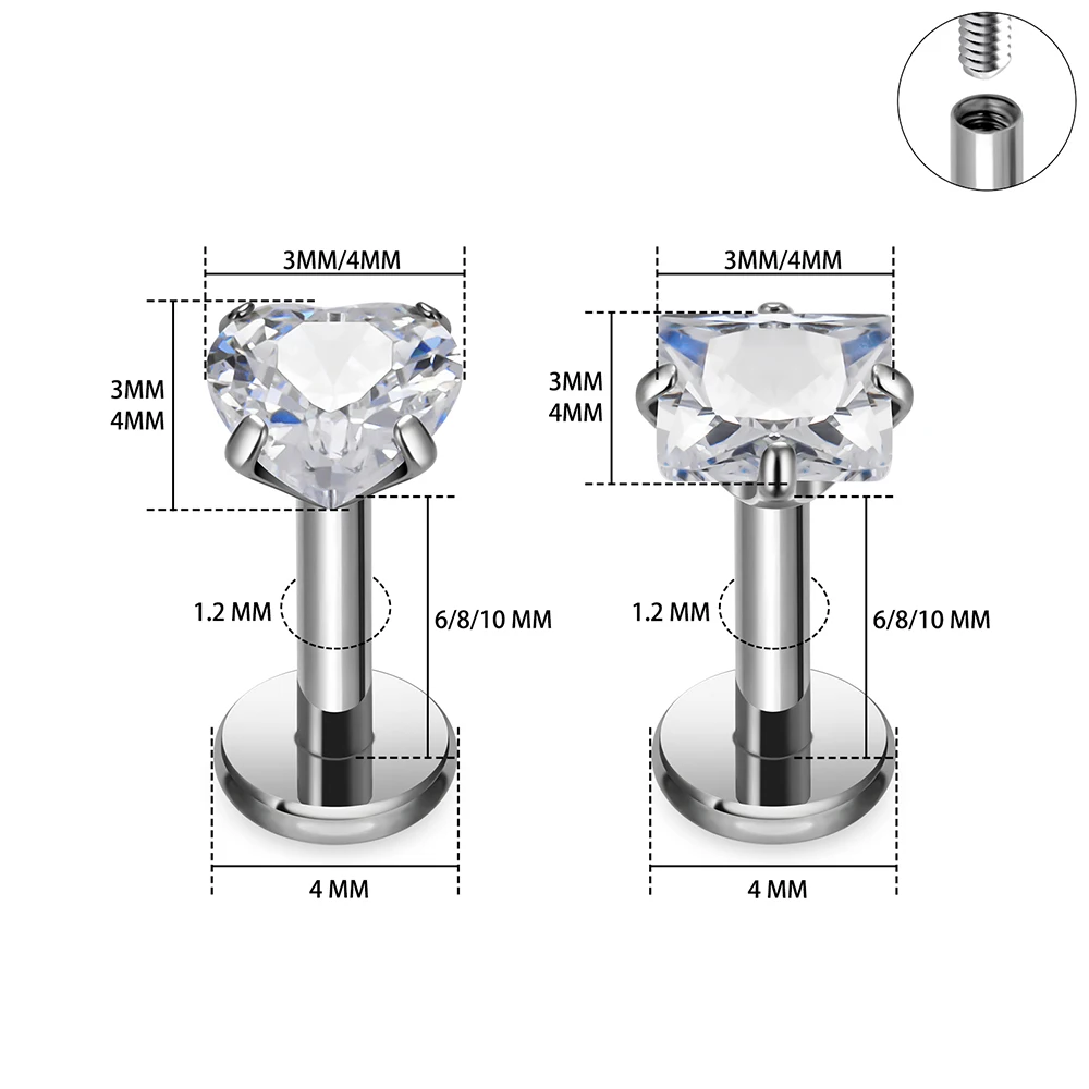 10Pcs/lot G23 Titanium Piercing Heart  CZ Labret Ear Stud Earrings For Women Square Shape Lip Stud Body Jewelry Helix Tragus