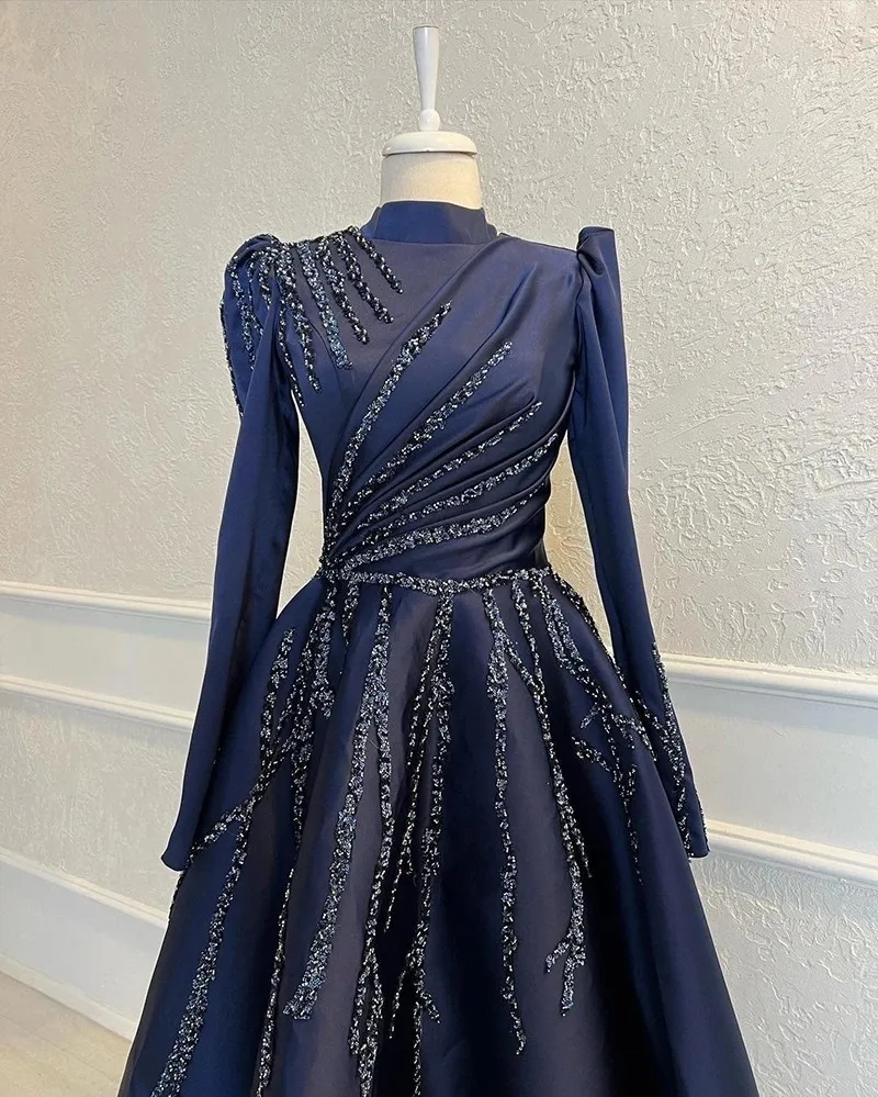 Elegant Navy Satin Beaded Long Sleeve Muslim Evening Dresses Moroccan Caftan High Neck Formal Party Ball Gowns Robe De Soire