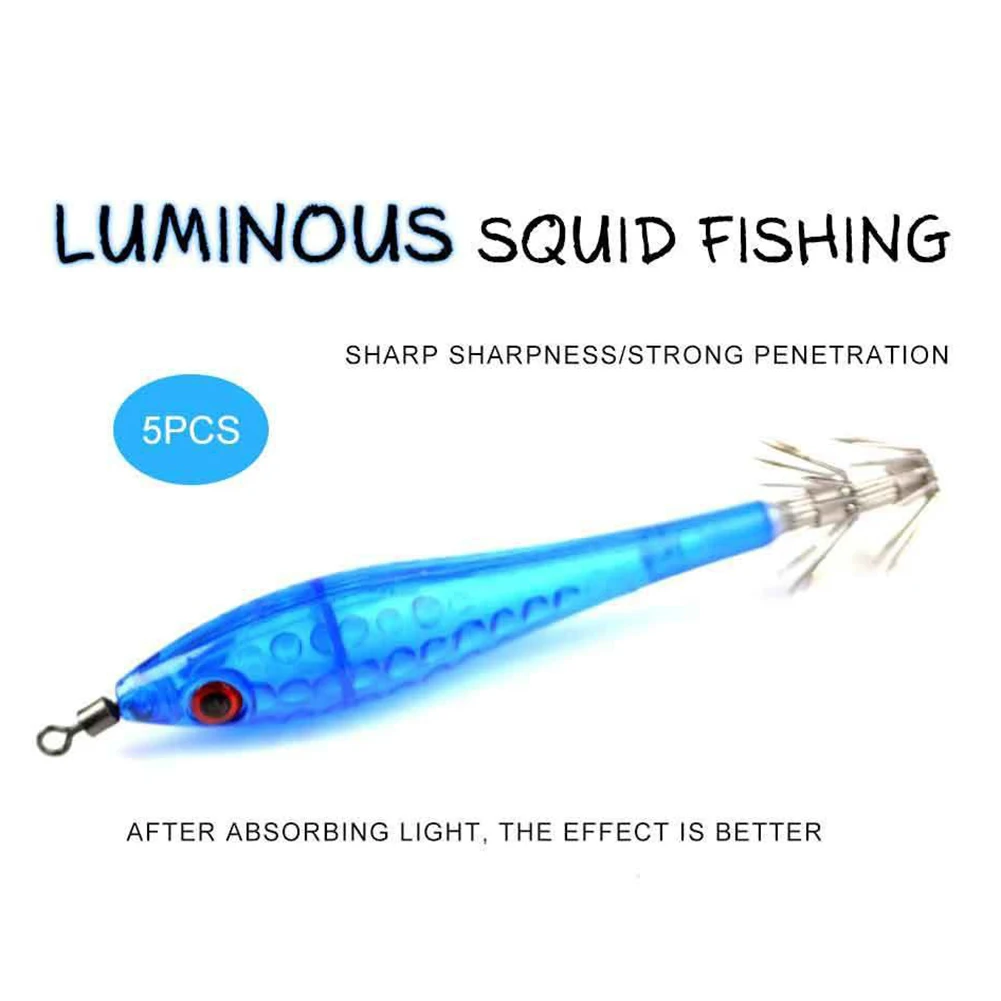 

For Squid Fishing 9cm/5.5g LUMINOUS SQUID FISHING HOOK NEEDLE WITH STRONG SWIVELS WOOD SHRIMP Luminous Fluorescent Tail