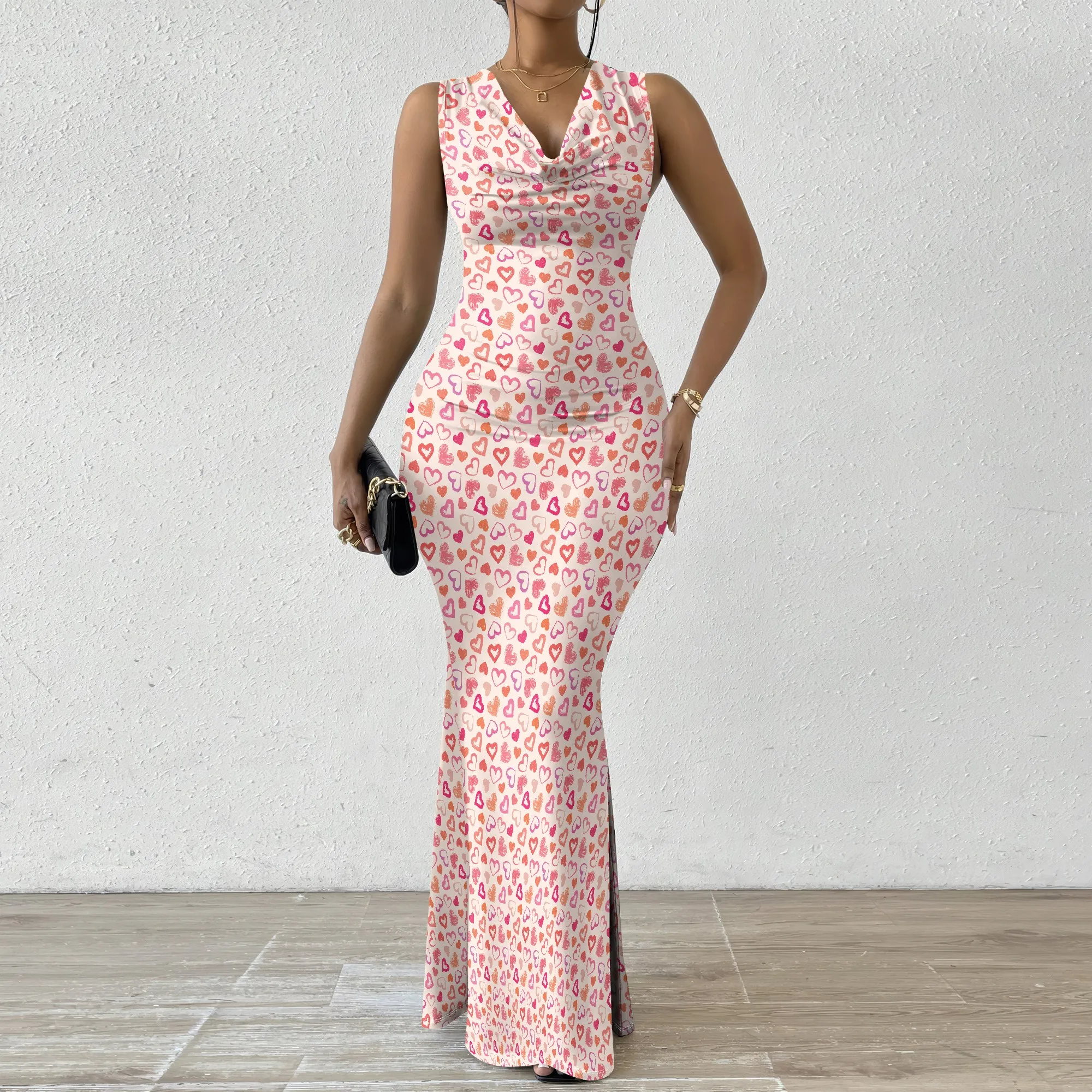 

Women's Mermaid Dress Fitted Cowl Neck Fishtail Dress XS-2XL Heart Design for Beachside Wedding Sunset Ceremony