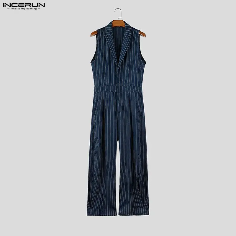 Men's Jumpsuits Striped Lapel Sleeveless Loose Rompers For Man Streetwear Fashion Casual Male Overalls Wide Leg Pants INCERUN