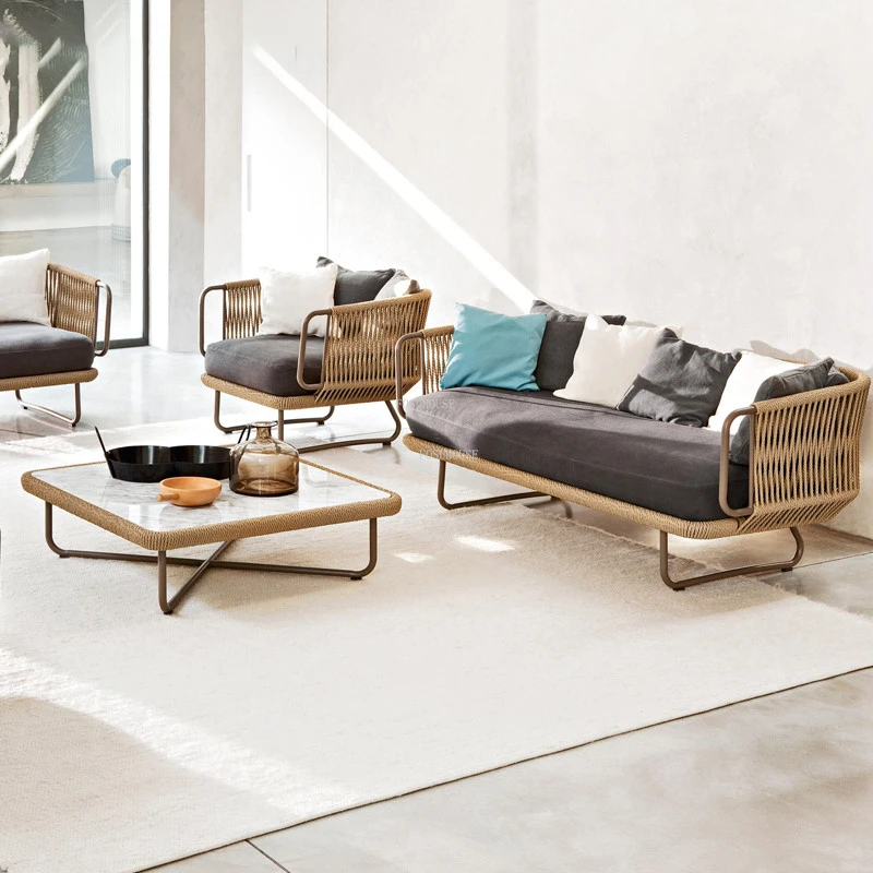 ✿。Nordic r Garden Sofas Homestay Villa Garden Home Waterproof Sunscreen Table and Chair Set Leisure Rattan Outdoor Furniture%