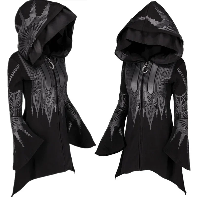 

2024 autumn and winter dark witch punk style black long hooded print sweater