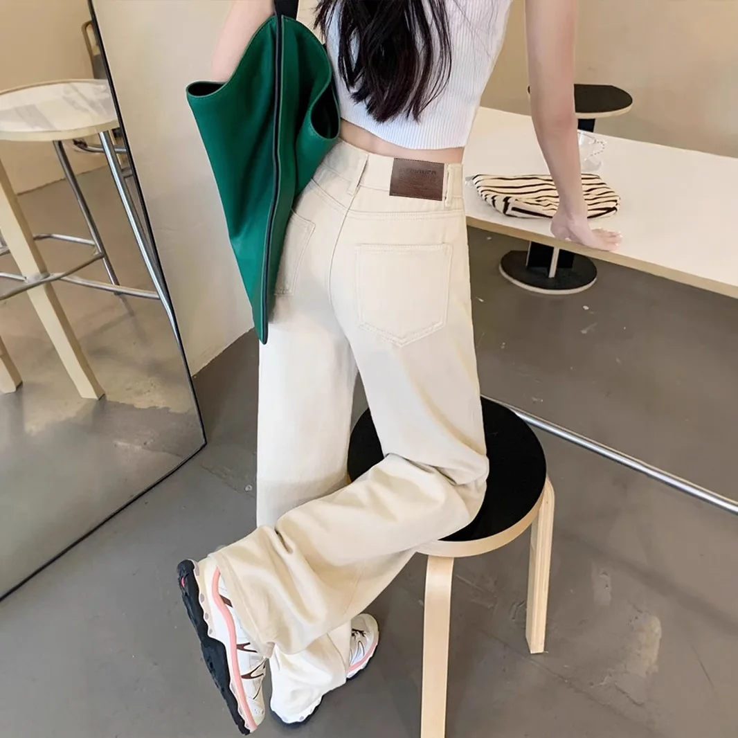 

Apricot-colored dopamine straight-leg jeans for petite women, high-waisted, loose-fitting, drapey wide-leg pants