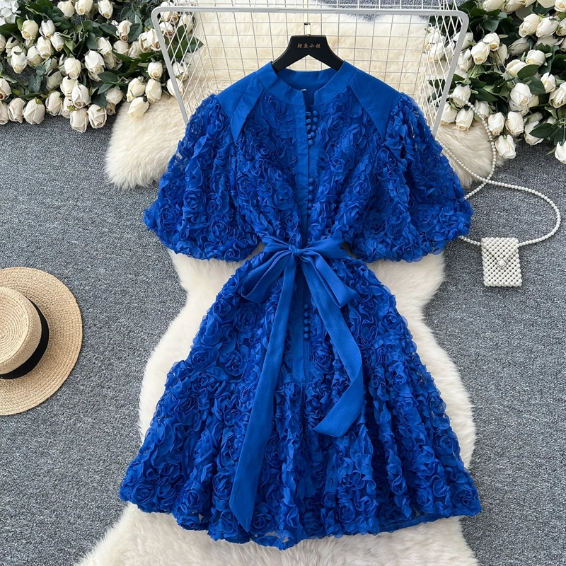 

Light Luxury Palace Style Stand Collar Puff Sleeve Women's Dress Summer Three-Dimensional Flower Romantic Beautiful Short Dress