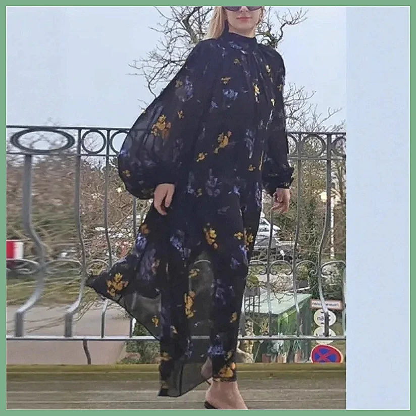 Gaun Chiffon Lengan Panjang Modis dengan Detail Tali, Motif Cetak untuk Pakaian Sehari-hari Wanita