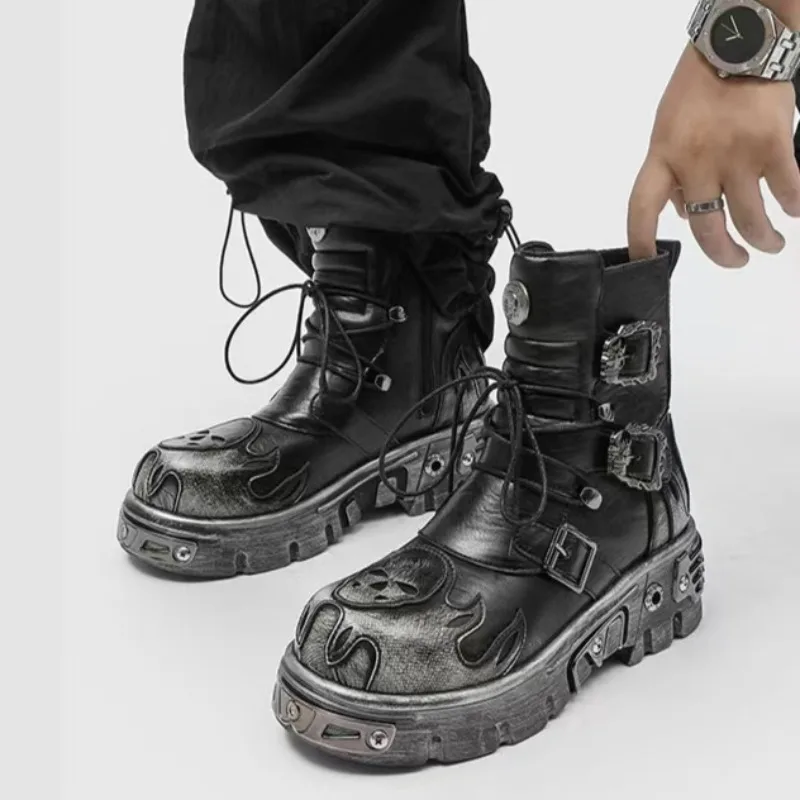 Black Cool Style Men's Boots Buckle Belt Round Head Thick Bottom Leather High Quality Men's Shoes 2026 High Top Leather Boots