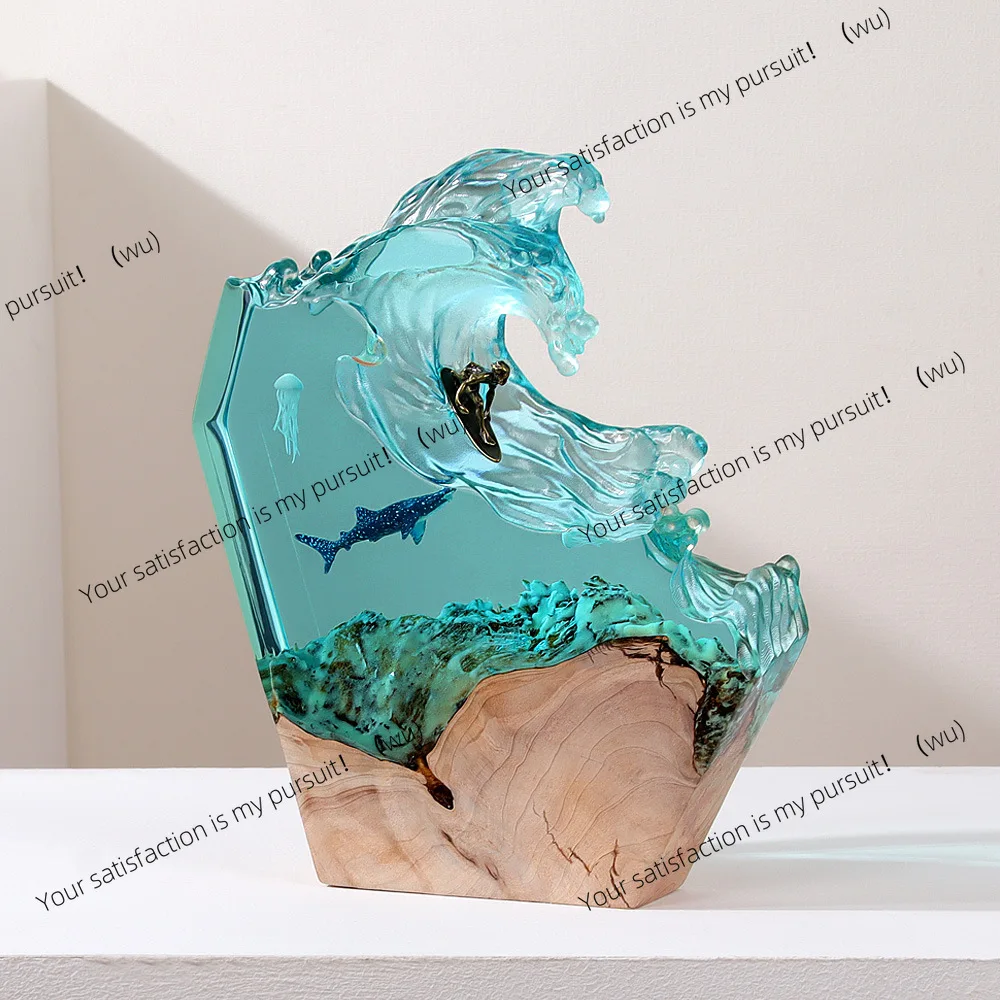 Ocean resin lamp whale surfing tabletop ornament creative art solid wood creative decorative night light