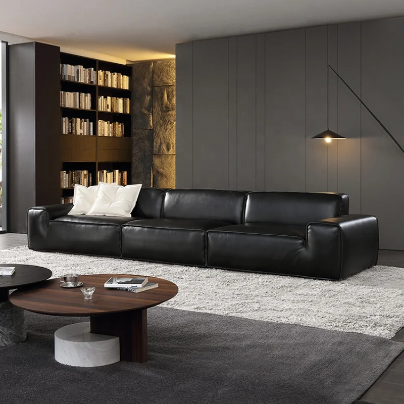 &c Italian Minimalist Living Room Inline Full Leather Black Sofa Set Furniture Medium Thick Head Layer Cowhide Modular Sofa