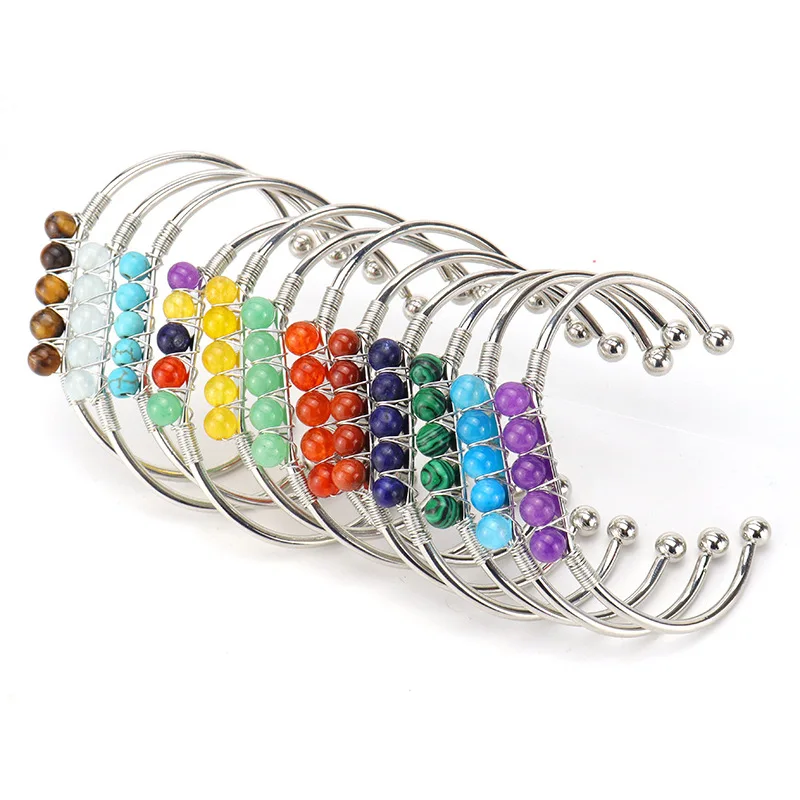 

10pcs Creative Lots Color Rainbow Stone Beaded Cuff Bangle Men Women Woven Wire Wrap Open Bracelet Manufacturers