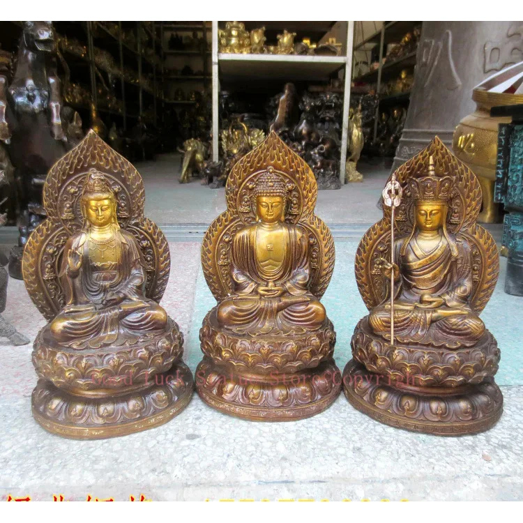 3P--Buddhism home efficacious Protection-Three saints Buddha Ksitigarbha Avalokitesvara Amitabha Lotus Buddha gold copper statue