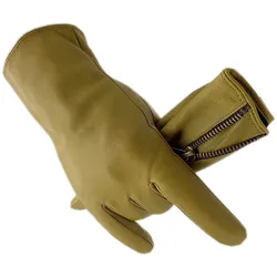 Winter Men's Leather Fashion Gloves Yellow Warm Fashion Wrist New Zipper Sheepskin Cotton Gloves Yellow Padded Sheepskin Gloves