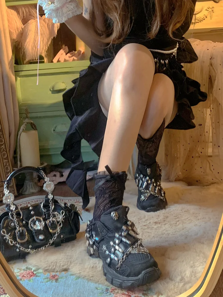 Pinkyo الأصلي الهيكل العظمي المعدني رصاصة سلسلة أبي أحذية الرجعية القوطية الظلام الشرير نمط سميكة سوليد أحذية رياضية