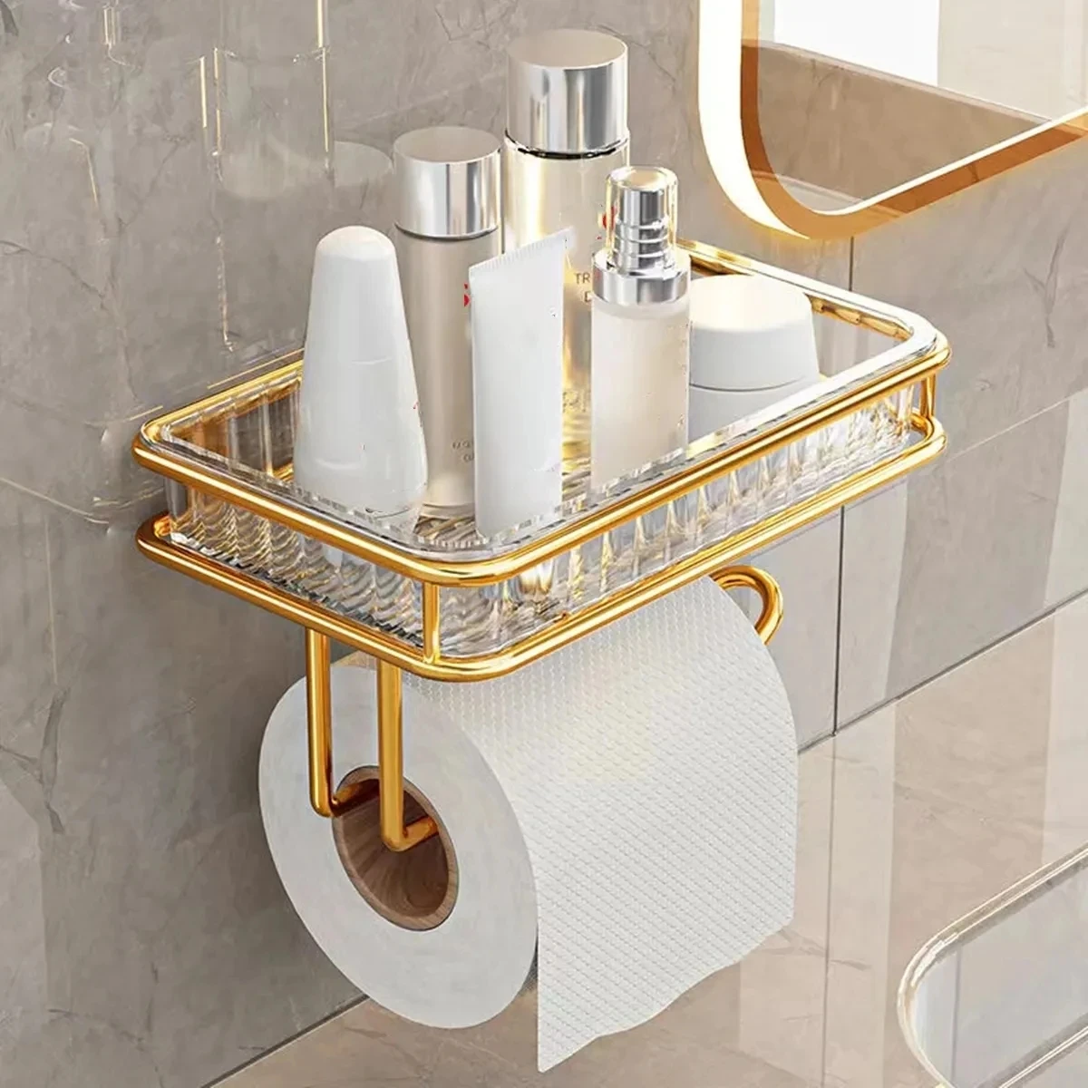 

Light luxury bathroom Roll Paper Holder Tissue Box Free Punching Wall Hanging Toilet Organizer Phone Stand Bathroom Accessories