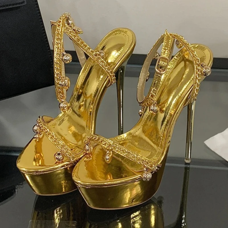 الفاخرة القلب جرس المعلقات تصميم الصنادل النساء سلسلة جديدة الكاحل حزام سوبر عالية الكعب الذهب صنادل أرضية مثير القطب حذاء الرقص #3