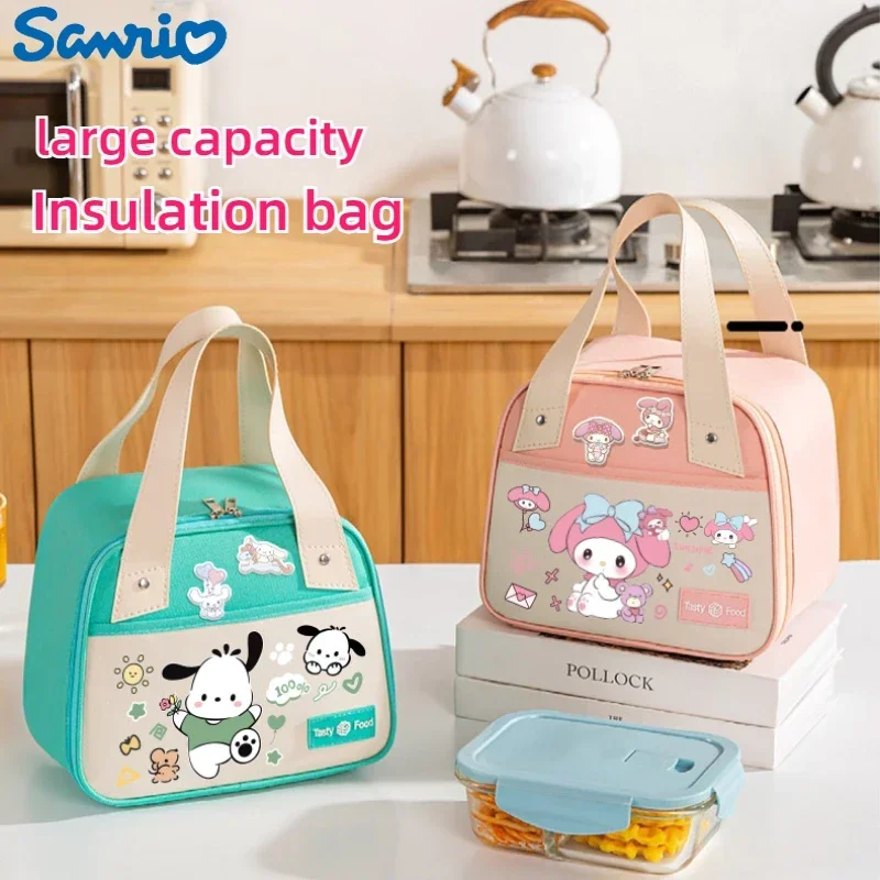 

Изоляционная сумка для ланч-бокса Sanrio, милая сумка для обеда cinnamoroll, студенческая сумка с рисунком из мультфильма и рисовой сумкой, утолщенная большая вмести...