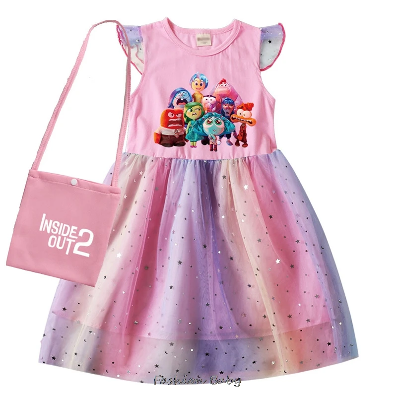 New Inside Out2 Children Girls Dress Cartoon Print Kids Clothing Princess Dresses +Bag Flying Sleeve Party Costume Best Gift