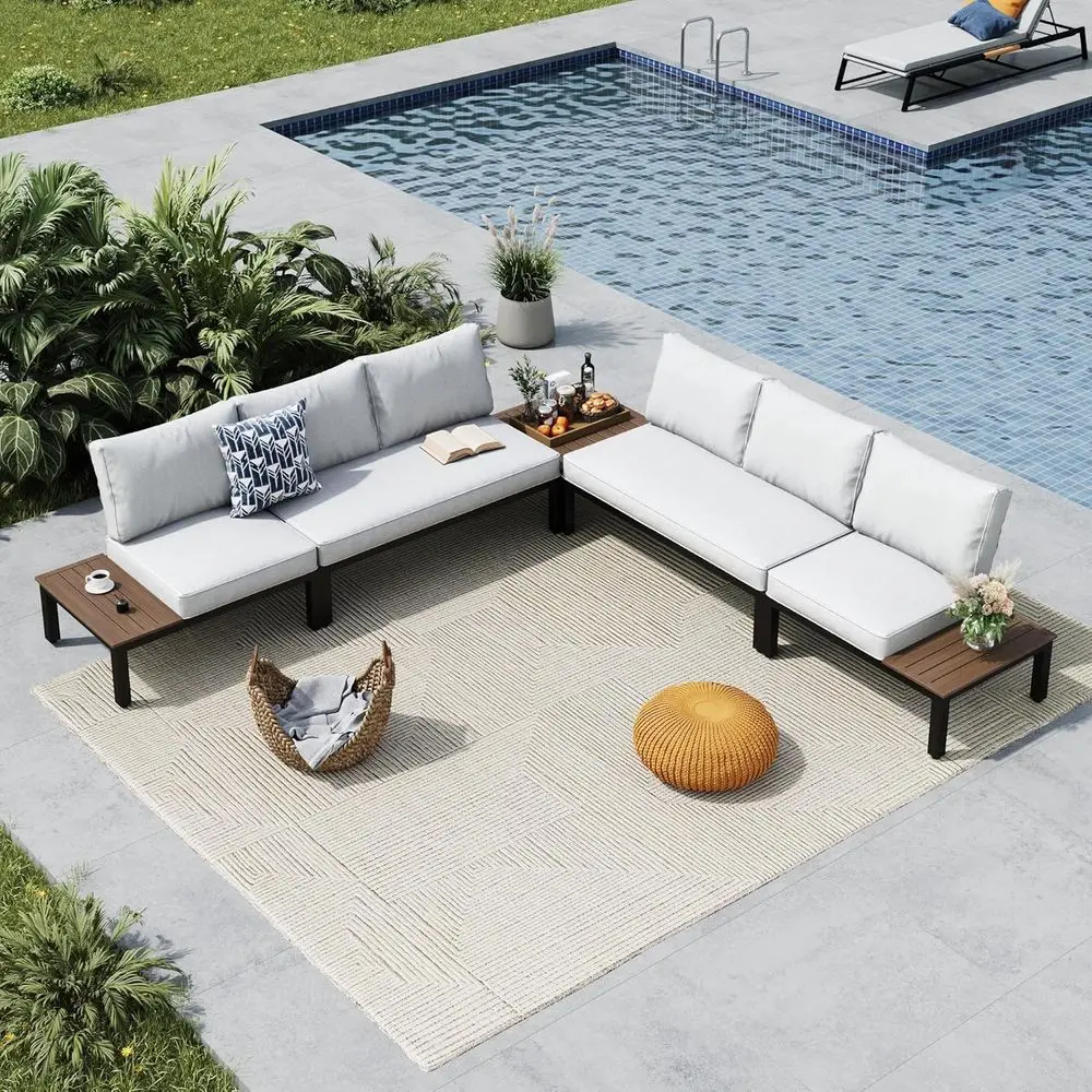 

5-местный металлический секционный диван для улицы с кофейным столиком и съемными подушками для заднего двора, сада или зоны у бассейна