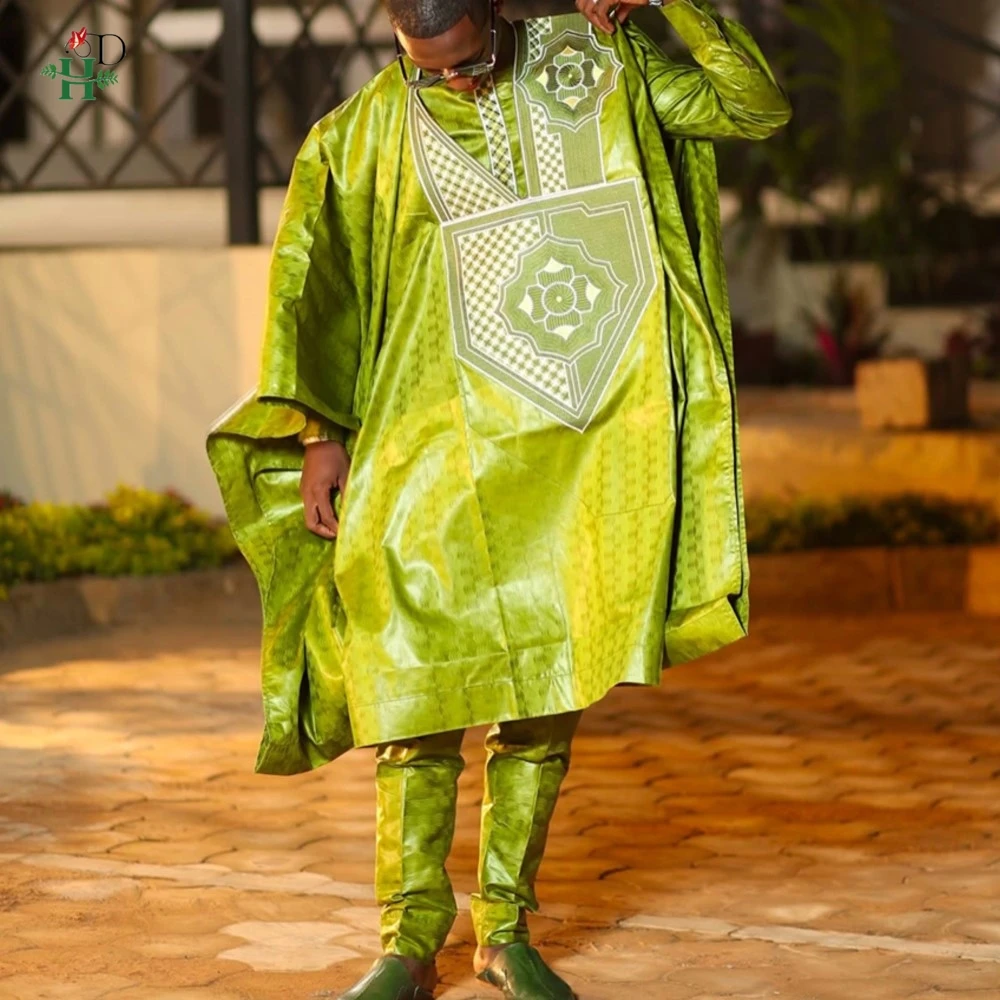 H&D African Top And Pant 3 PCS Sets For Men Embroidery Yellow Africa Daily Wear Traditional Wedding Party Plus Size Clothes 2026