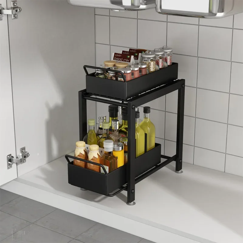 Under Sink Cabinet Organizer 2-Tiers Stackable Storage Shelf with Sliding Baskets Drawers for Kitchen Bathroom Kitchen Storage