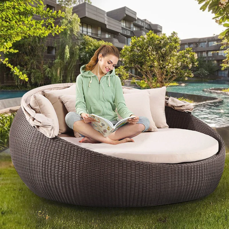 

Outdoor bed beach lounger rattan chair swimming pool balcony circular terrace courtyard lunch break bed furniture