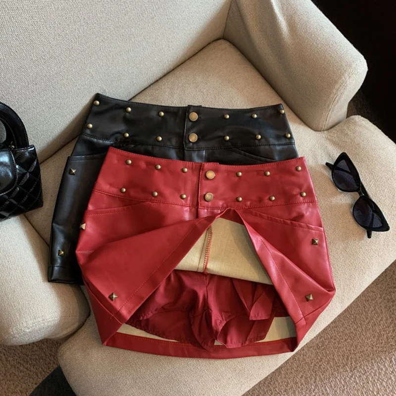 

Fashion Leather Skirts Women High Waist Wide Leg Red Black Shorts Streetwear Sexy Biker Skirts