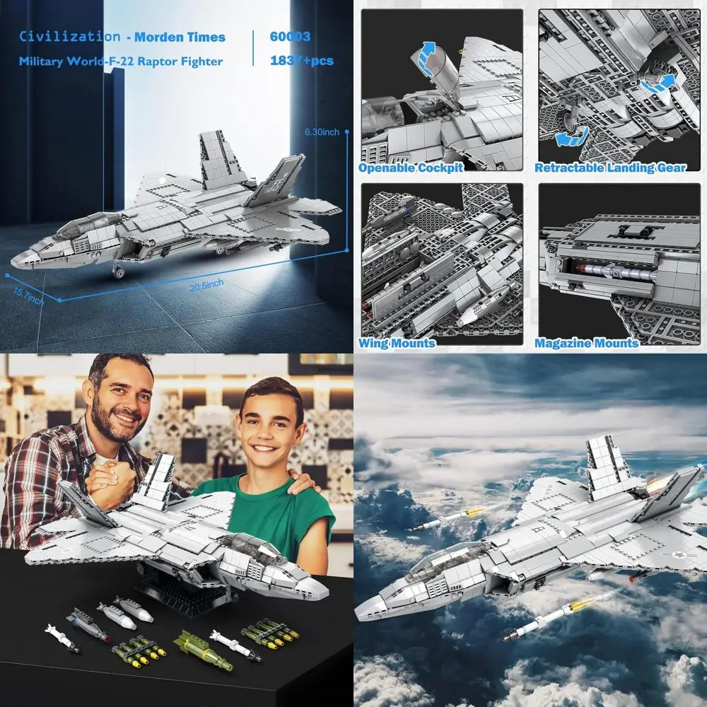 Conjunto de blocos de construção F-22 Raptor para adolescentes e adultos, brinquedo de aeronave militar de 1837 peças para entusiastas da aviação (60003)