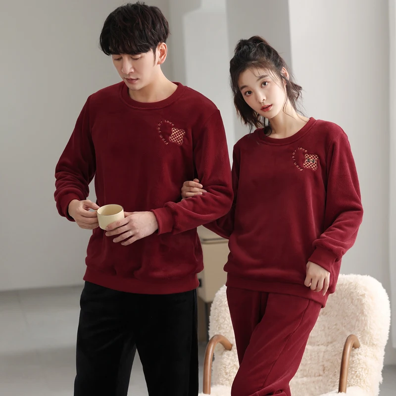 

Newest Couple Pajama Set Women and Men Sleepwear Thick Warm Solid Flannel Pyjamas