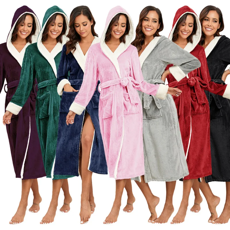 

Thicken Flannel Hooded Women's Long Robe Kimono Gown Autumn Winter Warm Bathrobe Sleepwear Loose Coral Fleece Home Dress Pajama