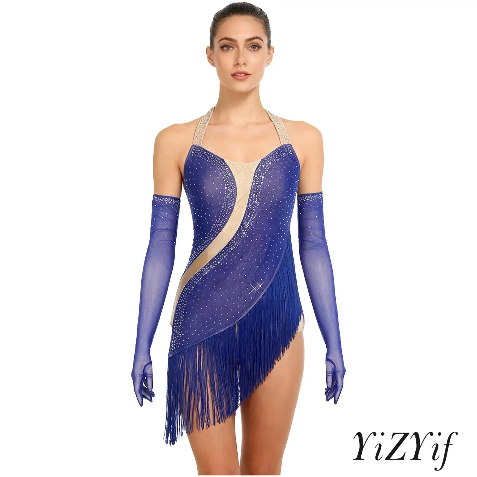 Body profesional con borlas de Tango para mujer, traje con dobladillo Irregular y contorno corporal, ropa elegante de baile latino con guantes