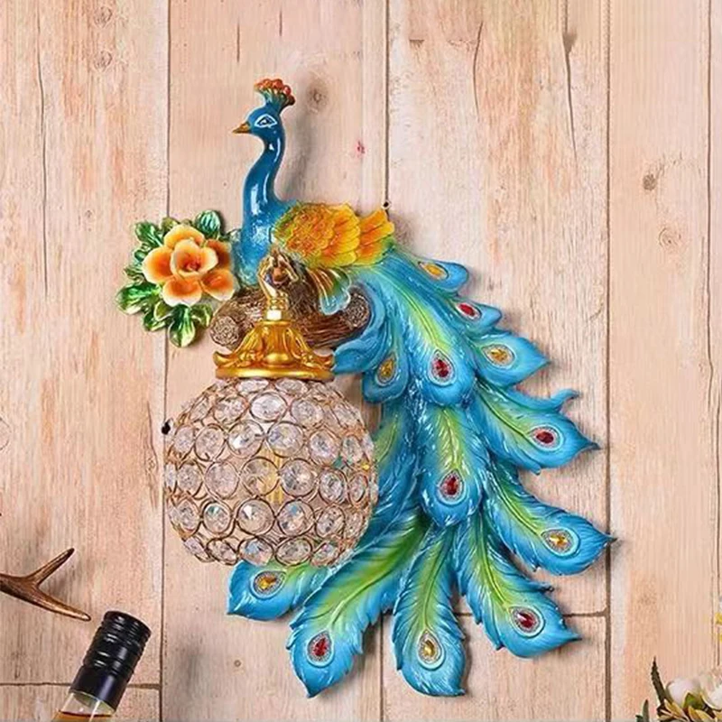 APRIL Modern Peacock Wall Sconce Lamp LED Creative Devise Crystal Resin Light For Home Living Room Bedroom Porch Decor