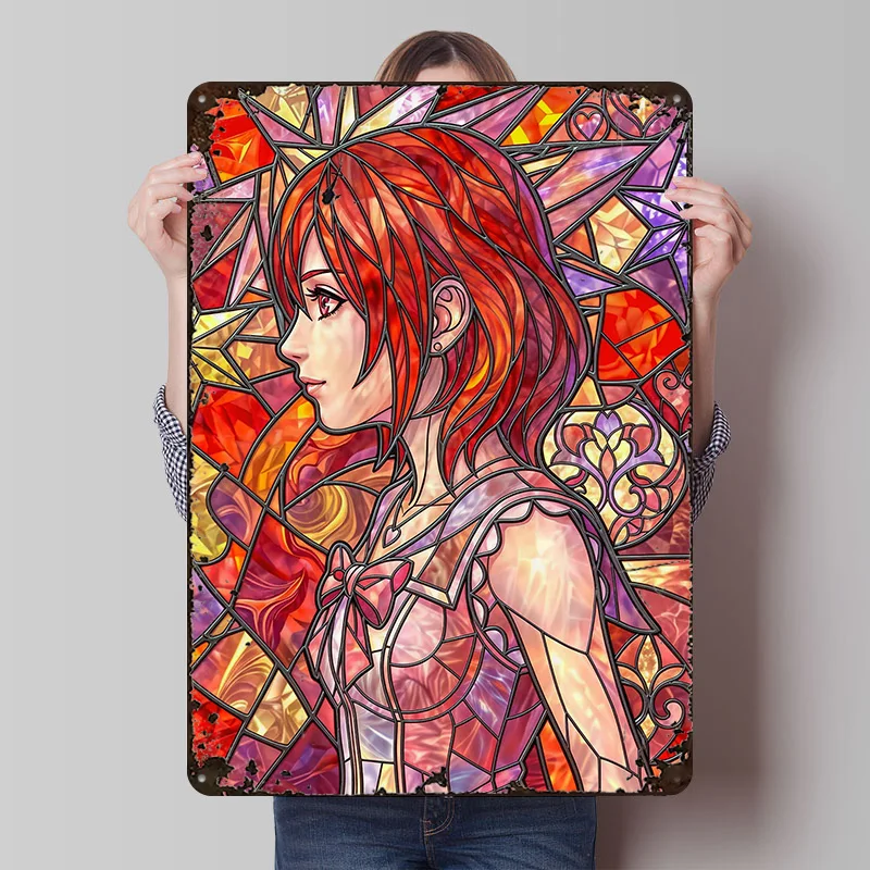 Kingdom Hearts Kairi Buntglas-Druckposter, personalisierte Retro-Wandkunst, Vintage-Metallschilder für Mancave-Raumzubehör