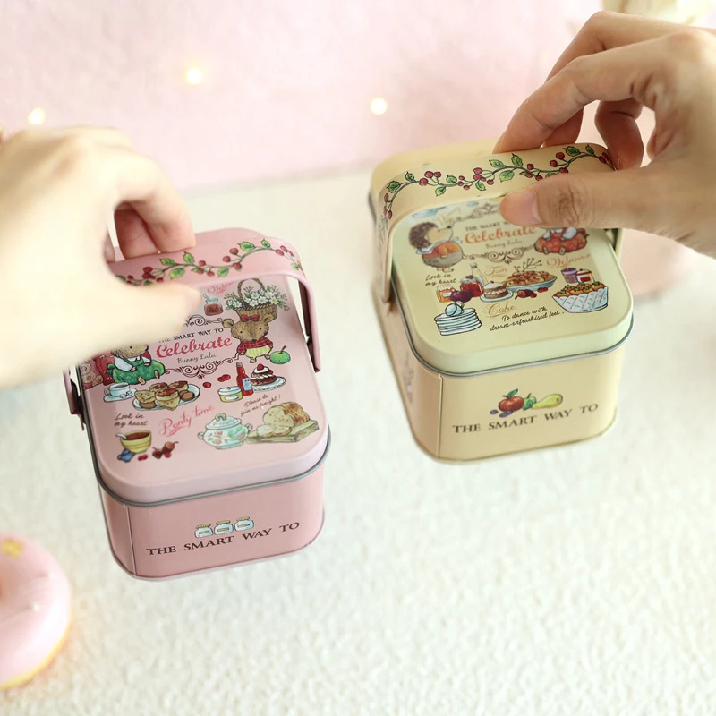 Candy Box Cartoon Rabbit Pattern Good Sealing With Handle Vintage Gift Giving Portable Easter Cookie Gift Tins For Holiday