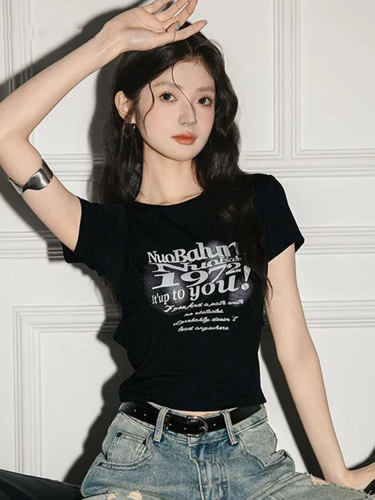 Oco para fora rendas y2k t camisa feminina magro sexy recortado volta arco retalhos t americano vintage casual streetwear preto topos