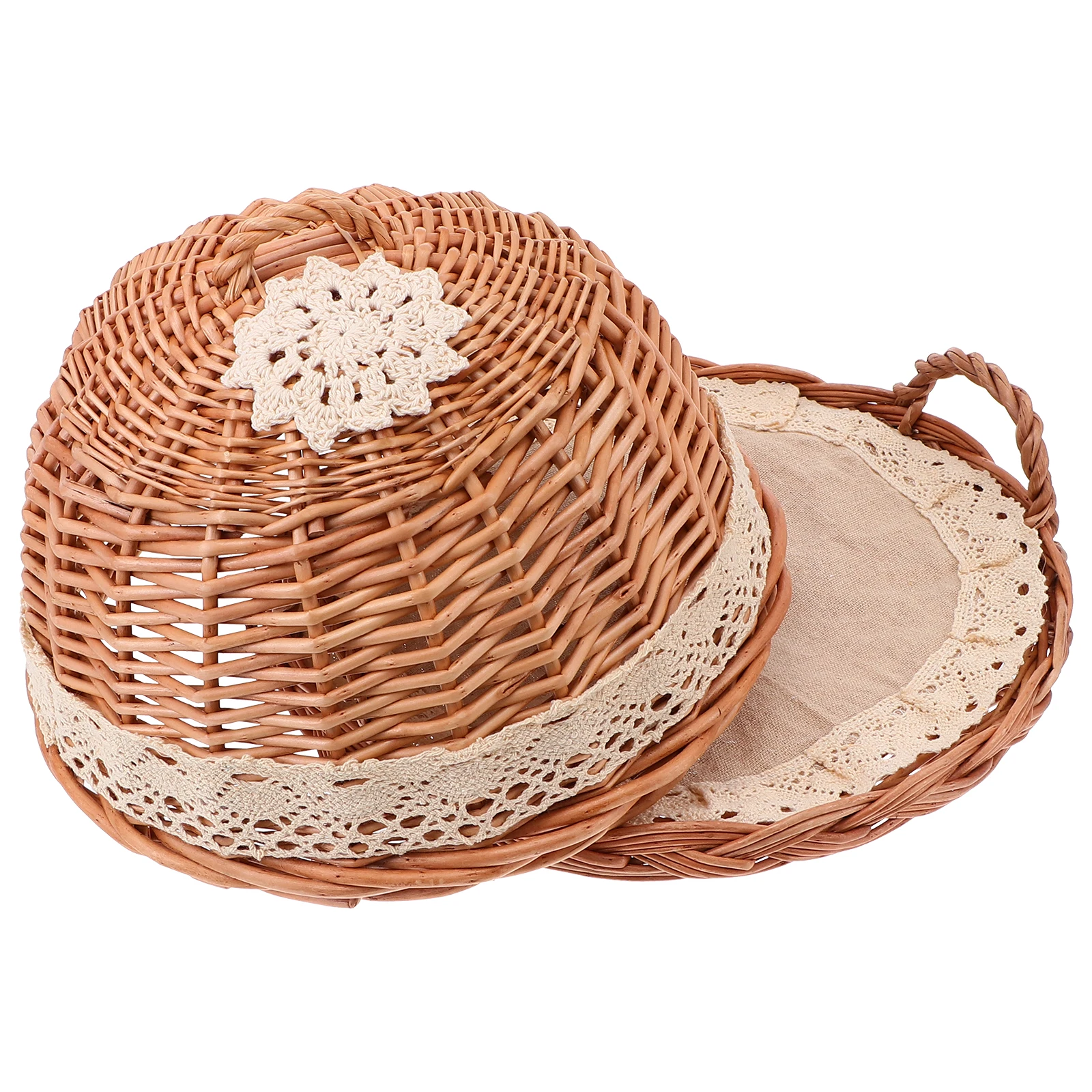 

Round Food Tray Set Hand Woven Basket Kitchen Decorative Willow Vine Protective Cover Dust Proof Food Fresh