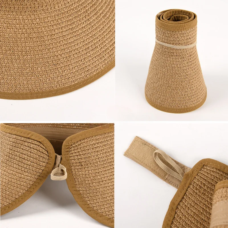 Women Wide Brim Straw Sun Hat Ponytail Design Foldable Summer Outdoor Beach Travel Shade Cap